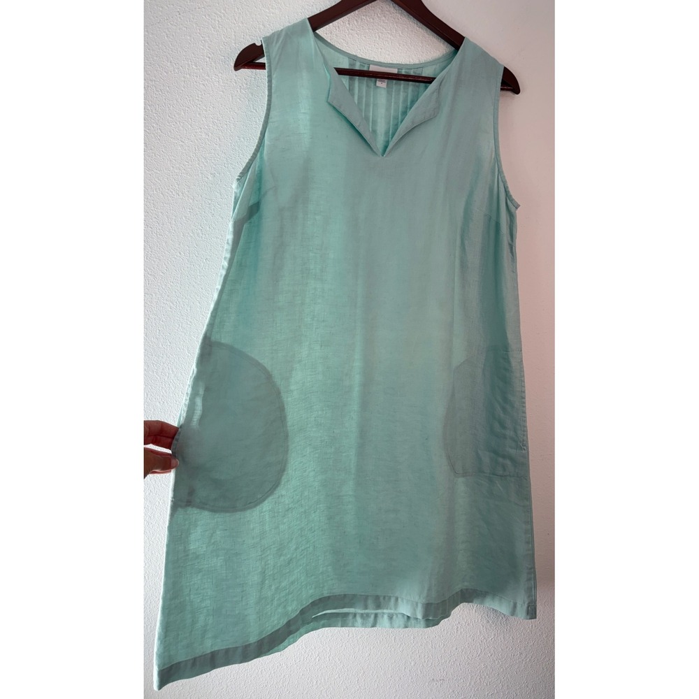 J. Jill Love Linen Teal Blue Shift Dress Medium Coastal Aqua Blue Pintuck Medium